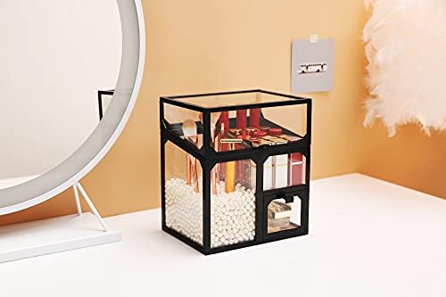MOOCHI Black Vintage Glass Cosmetic Multifunctional Makeup Organizer with Pearls Dustproof Cosmetics Storage Display Cas