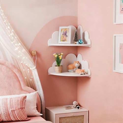 Cloud Corner Floating Shelves, 2-Tier White Cloud Corner Shelf Wall Mounted, Cute Nursery Wall Decor, Small Wooden Displ