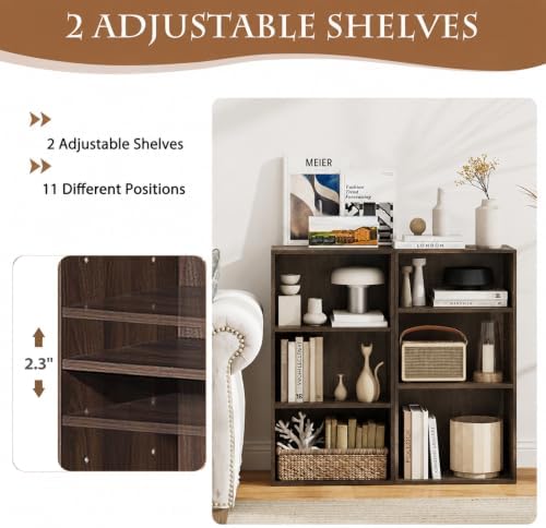 POWERSTONE 3 Tier Bookcase Set of 2, Small Open Bookshelf, Wooden Storage Book Shelf with Adjustable Panels for Living R