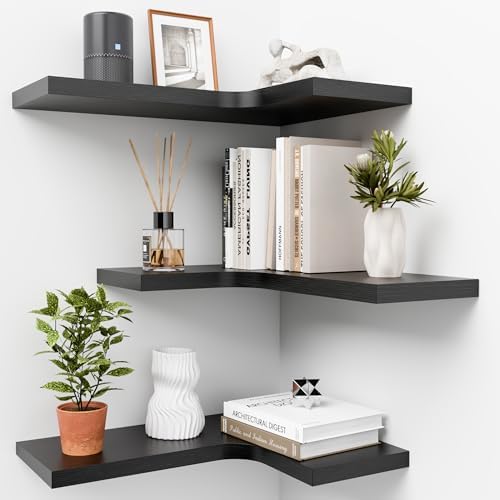 Corner Floating Shelves for Wall Mounted L-Shaped Wood Corner Wall Shelf, Hanging Shelf for Bathroom, Bedroom, Kitchen, 