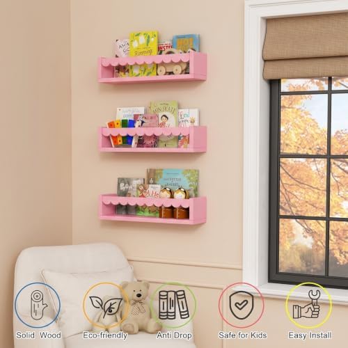 Pink Scalloped Nursery Floating Shelves, Kids Book Shelf Wall Mounted