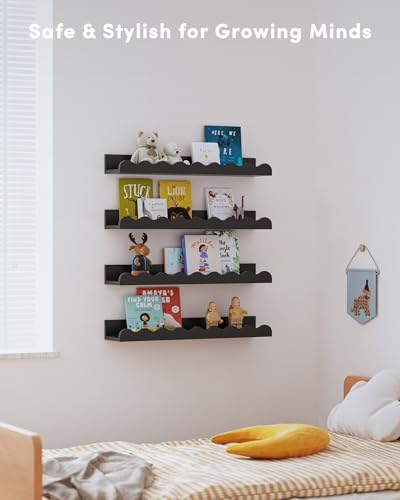 Seocry Kids' Bookshelf Set of 4 - Black Floating Nursery Book Shelves, Picture Ledge Shelf for Wall Decor and Storage - Perfect for Books, Toys, Photo Frames, and Nursery Décor