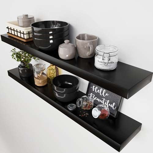 Solid Wood Floating Shelves for Wall 36 Inches Long, Black Wooden Shelf