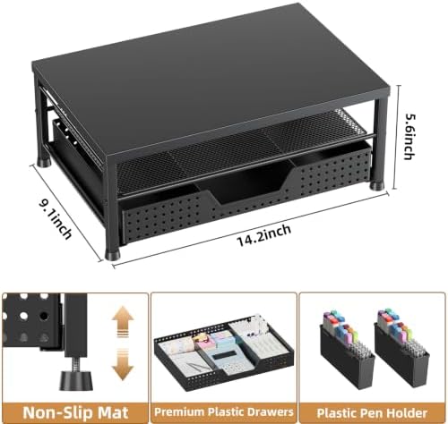 2-Tier Monitor Stand with Drawer, Metal Desk Riser, Black