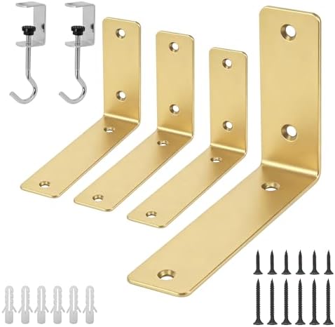 L Floating Shelf Brackets,4 Pack Heavy Duty L Brackets for Shelves, L 6" X H 4" Gold Metal Countertop Support Brackets,W