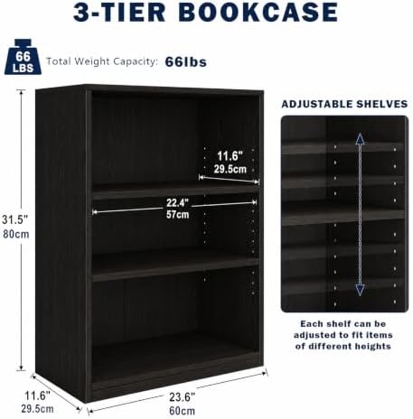 CTESNE【2026 Adjustable Shelves 3-Tier Bookcase, 71 inches, Wooden Open Display Floor Bookshelf (Chocolate Color)