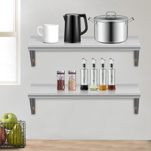 8.6" D x 24" W Stainless Steel Wall Mounted Shelves, 2 Packs Floating Shelving with Brackets, Commercial Shelf Perfect f