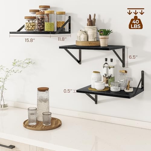 Heimlove 16W x 12D Deep Floating Shelves Set of 3 Black