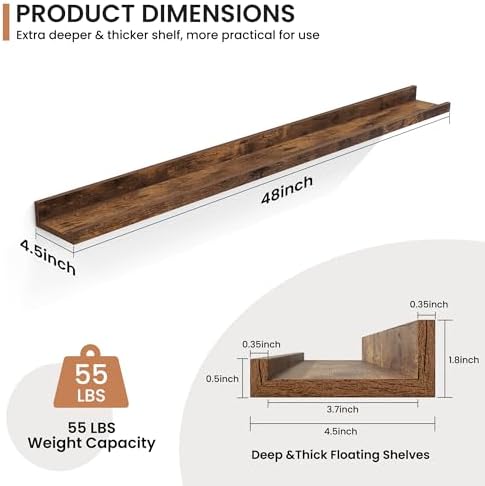 Fun Memories Picture Ledge Shelves Set of 2, 48 Inch Rustic Wall Mounted Floating Shelves with Lip for Home Storage and 