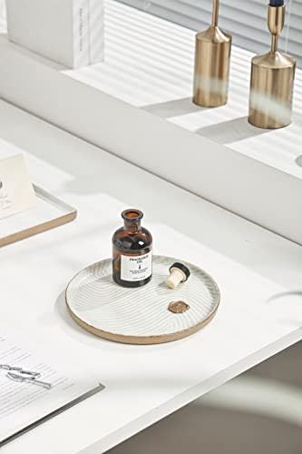 Vanity Tray with Brown Trim - Candle & Perfume Holder Organizer - Decorative Round White 8"8" Countertop Tray for Bathro