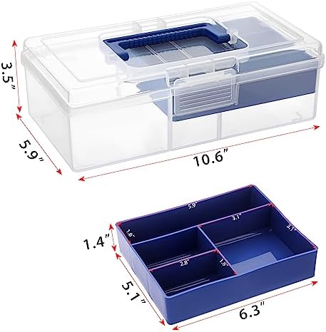 JUXYES Plastic Carry Storage Box with Removable Dividers, Clear Art Craft Supply Storage Bin Sewing Box with Handle Lid,
