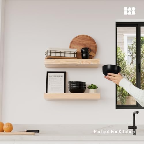 Wood Floating Shelves for Wall 16 inch, Natural Wood, Bathroom Wooden Shelf