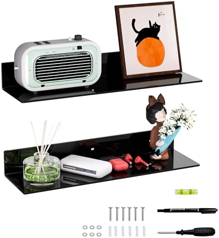 Sezanrpt 20 Inches Acrylic Wall Shelves 2 Pack, Floating Shelf for Wall Mounting, Acrylic Display Ledges for Funko Pop Figures, Home Décor, Living Room, Gaming Room, Plants(20 inch, Black)