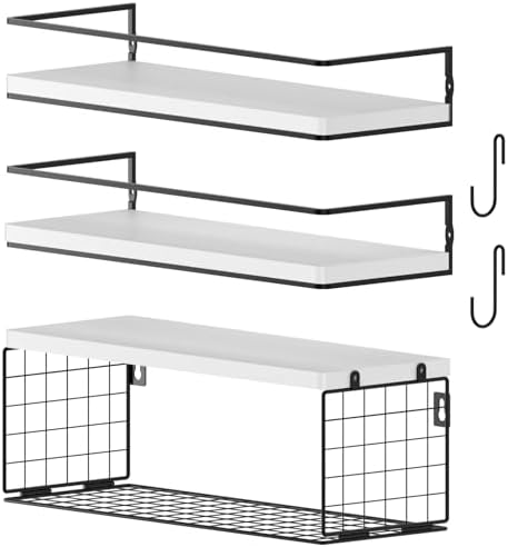 3+3 Wall Mounted White Bathroom Shelf Over Toilet with Toilet Paper Storage Basket & Hooks, Bathroom Organizers and Storage, Hanging Corner Shelf Floating Shelves for Bathroom Wall Room Decor