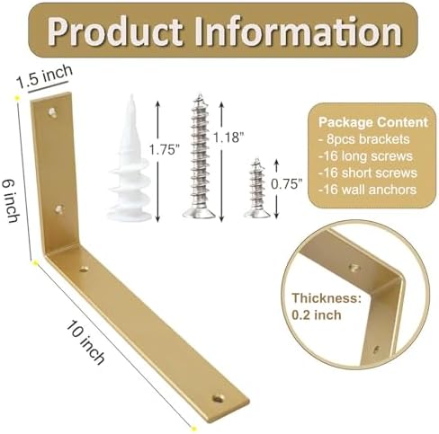 Shelf Brackets 10 Inch Wall L Brackets 8PCS Heavy Duty for Shelves Metal Gold Rustic Industrial Brackets for DIY Opening