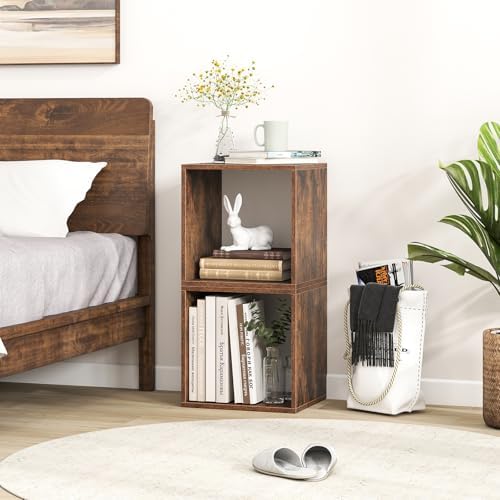 GIANTEX 2 Cube Bookshelf Organizer, 2-Tier Stackable Cube Storage Organizer, Small Wooden Open Book Shelf with Anti-topp