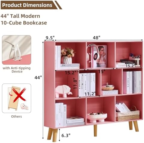 LEYAOYAO 10 Cube Bookshelf,Mid-Century Modern Bookcase with Legs,Light Pink
