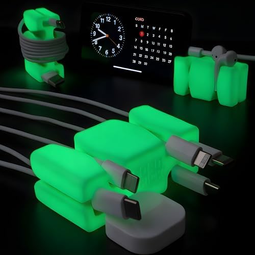 CordBrick Glowing Silicone + Steel Weighted Cable Holder for Nighstand, Cord Wrap for Travel, Unique iPhone Accessory. S