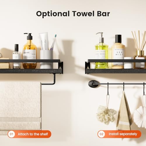 Amada Bathroom Shelves with Towel Bar, Set of 2, Black