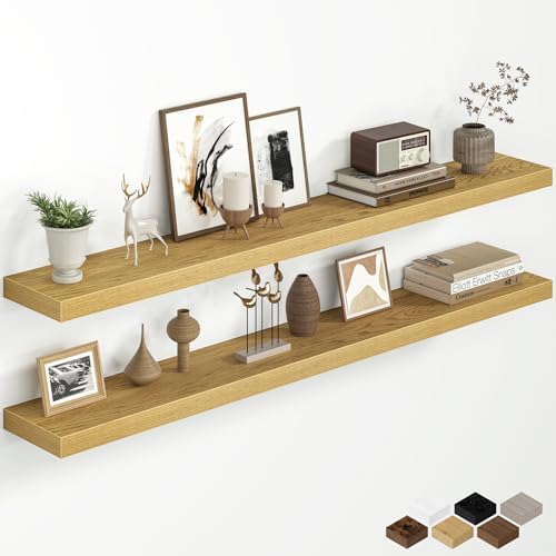55 Inch Floating Shelves for Wall, Rustic Wood Wall Mounted Deep Storage Shelves with Invisible Brackets, Extra Long Dec