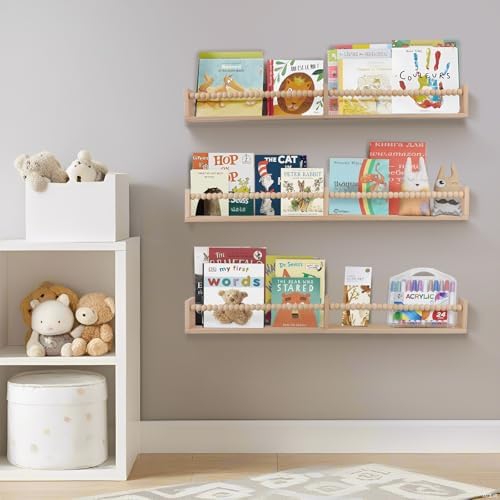 birola Nursery Shelves with Beads Design - 32 Inches Wall Book Shelves Set of 3, Space-Saving Nursery Book Shelves for K