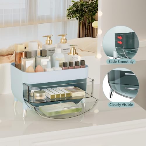 Jywantful Vanity Makeup Organizer, Mint Blue Skincare Storage with 2 Drawer
