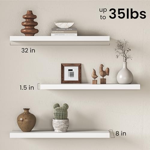 32" Floating Shelves for Wall, Set of 3, 8" Deep, 1.5" Thick, White