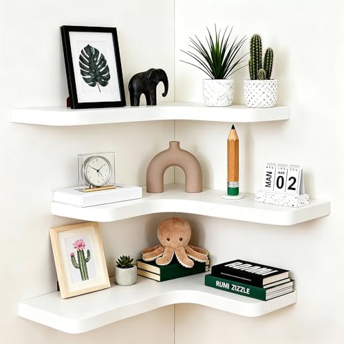 Floating Corner Shelves, Wall Shelf Set of 3, Shelves for Wall Storage, Solid Wood Shelves for Storage, Wall Mount Woode