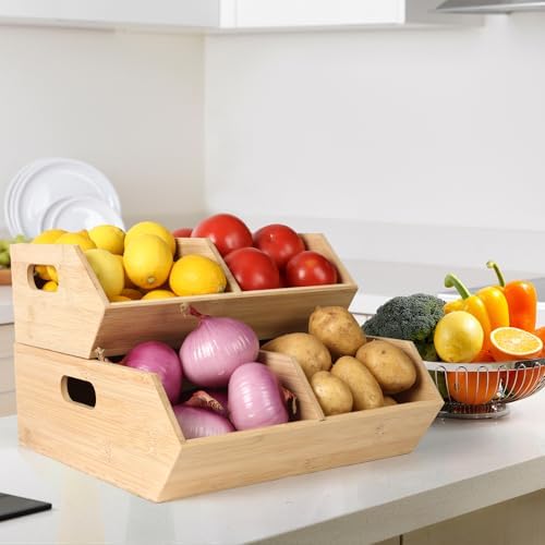 Bamboo Pantry Organizers and Storage Bins, 2 Set Stackable Baskets for Vegetables, Potatoes, Onion, Garlic, Bread - Bamb
