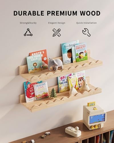 G&W Gruwald Nursery Book Shelves, Set of 3, Nursery Decor for Baby and Toddler, Scalloped Shelves, Book Shelf for Kids R