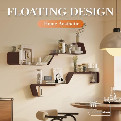 Sttoraboks Floating Wall Shelves Set of 3, Metal Mounted Shelf with Unique Design, Bookshelf for Storage & Display in Ba