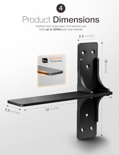 BATODA 12” Solid Steel Free Hanging T Shelf Bracket (2PCS) (Patent Pending)