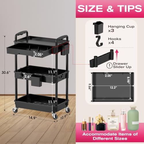 Goovilla Rolling Makeup Organizer Cart with Removable Drawer, 3 Tier Black