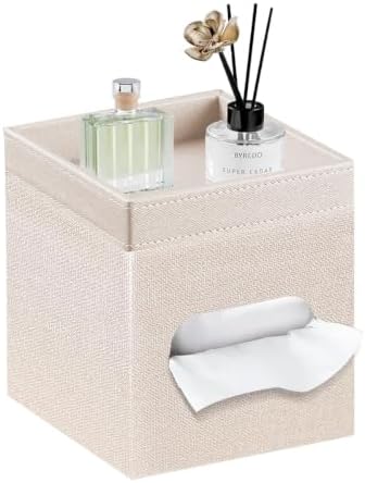 PU Leather Square Tissue Box Cover with Storage Tray,Modern Decorative Tissue Holder for Bathroom Vanity Night Stands, O