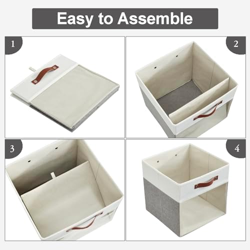 Bagnizer Storage Cubes, 4 Pack Linen Foldable Storage Bins (13 x 13 inch) with Clear Window and 2 Handles, Closet Organizers and Storage for Shelf Closet, Clothes, Books - (Gray and White)