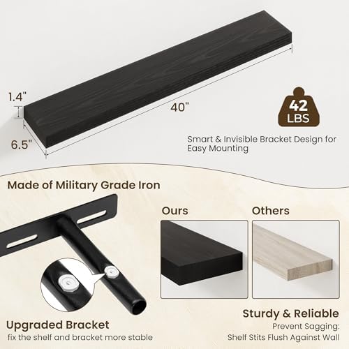 Axeman 40Inch Floating Shelves for Wall, 2 Packs, Invisible Brackets, Black