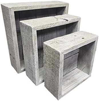 Reclaimed Wood Shadow Box with Wood Backing - Rustic Farmhouse Barnwood Style - Floating Shelves - Set of 3 (Whitewash, 
