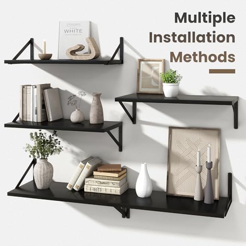 Marsmiles Deep Floating Shelves, 24'' x 12'' Black Wood Shelves Set of 2