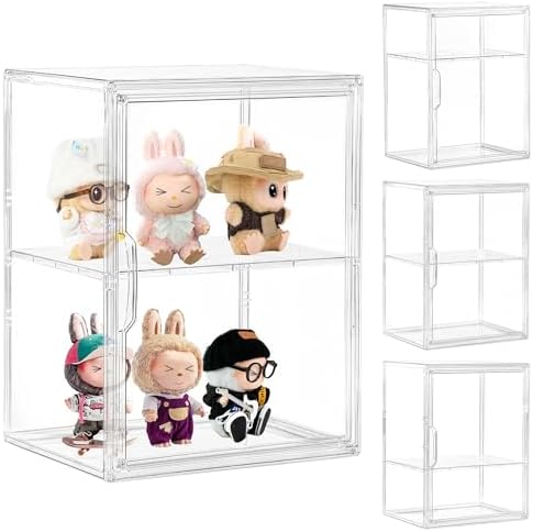 LXLXXL 2 Tier Stackable Shelf Acrylic Display Case with Magnetic Lid 4-Pack