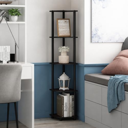 Furinno Turn-N-Tube Toolless Assembly Corner Shelf, 5-Tier Black Corner Bookshelf, Open Storage Shelves, for Organizatio