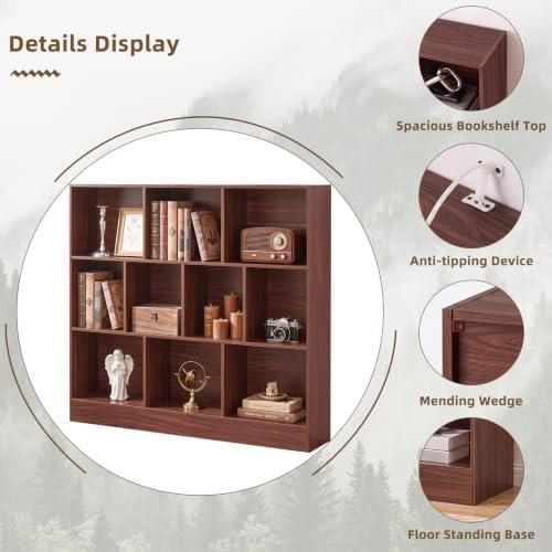 YAHARBO 3 Tier 10 Cube Long Horizontal Bookshelf,Under Window Shelf,Walnut