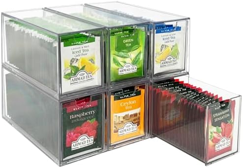 AZEZO 6-Pack Tea Bag Drawers Organizer - 6 Clear Plastic Drawer Tea Bag Holder; Stackable & Portable; Wider Size; Well-O