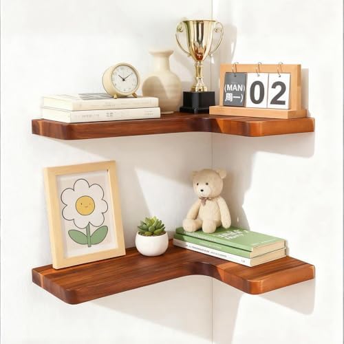 Floating Corner Shelves, Wall Shelf Set of 2, Shelves for Wall Storage, Solid Wood Shelves for Storage, Wall Mount Woode