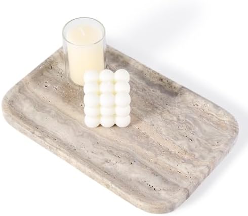 Karibiber Marble Vanity Trays, Travertine Bathroom Tray, Decorative Tray for Dresser Countertop, Grey Stone Serving Hold