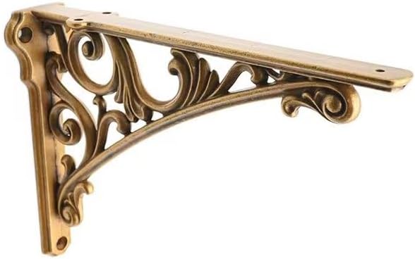Decorative Shelf Bracket 10 inch, Antique Brass Shelf Brackets for Shelving, Heavy Duty Vintage, DIY Projects, Hardware 