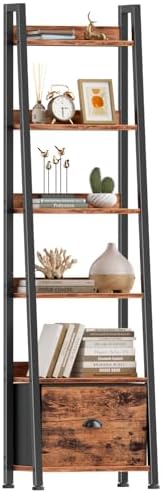 Furologee 6 Tier Ladder Shelf, Tall Ladder Bookshelf with Fabric Drawer