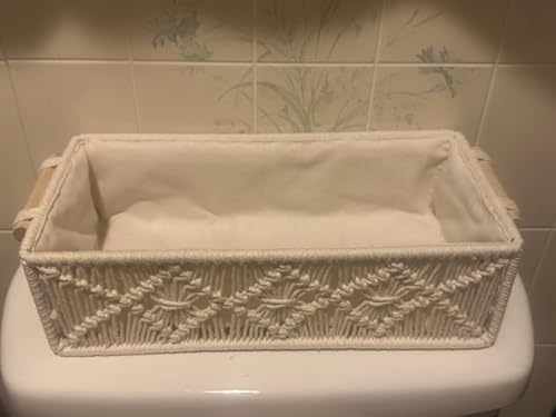 Macrame Storage Baskets Boho Decor Box for Organizing, Handmade Woven Decorative Basket for Countertop Toilet Tank Shelf