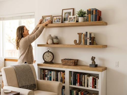 joelsantiques 72 inch Wooden Floating Shelves for Wall - 72x6x2 in, High End Solid Natural Wood, Heavy Duty Bracket, Wal