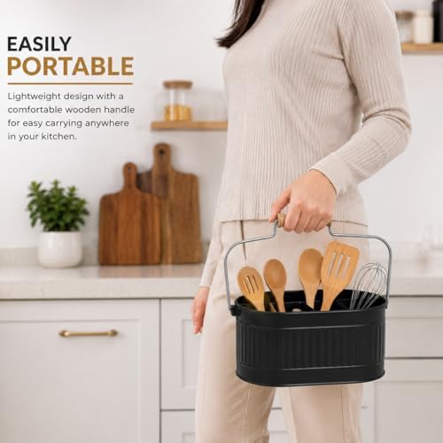 4 Compartment Metal Flatware Caddy Wooden Handle Rustic Utensil Organizer