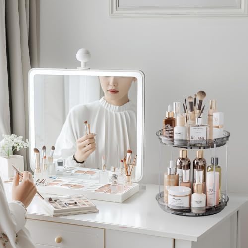 Delamu 2 Tier Rotating Makeup Organizer for Vanity, Skincare Organizer for Bathroom Counter, Spinning Perfume Organizer 